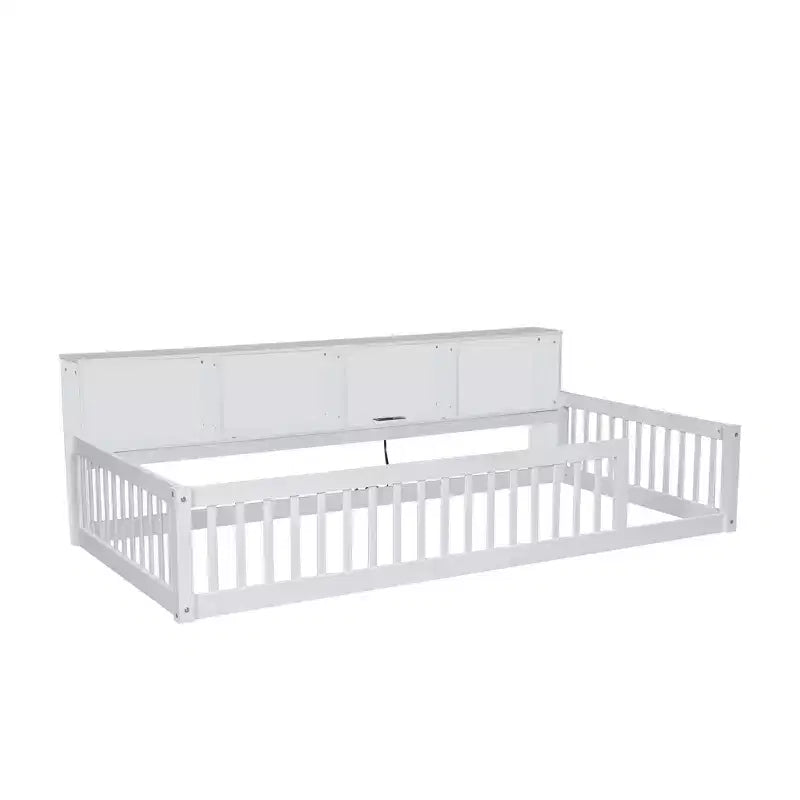 Letto a pavimento in legno Twin XL con armadietti e porte USB, letto a pavimento Montessori per bambini con recinzione