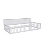 Letto a pavimento in legno Twin XL con armadietti e porte USB, letto a pavimento Montessori per bambini con recinzione
