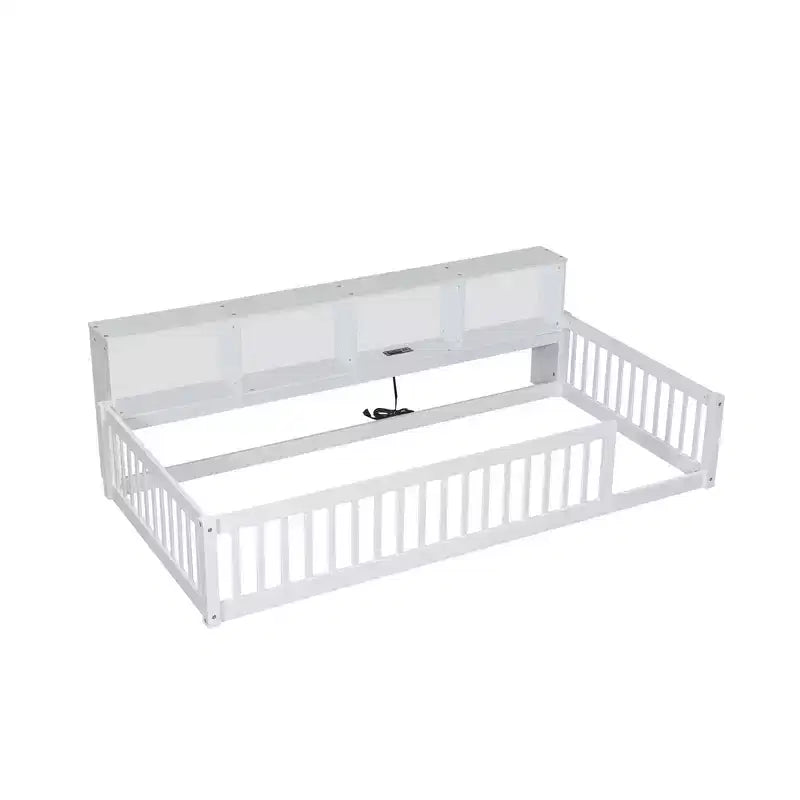 Letto a pavimento in legno Twin XL con armadietti e porte USB, letto a pavimento Montessori per bambini con recinzione
