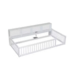 Letto a pavimento in legno Twin XL con armadietti e porte USB, letto a pavimento Montessori per bambini con recinzione
