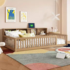 Letto a pavimento in legno Twin XL con armadietti e porte USB, letto a pavimento Montessori per bambini con recinzione