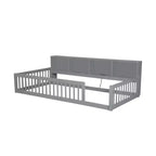 Letto a pavimento in legno Twin XL con armadietti e porte USB, letto a pavimento Montessori per bambini con recinzione