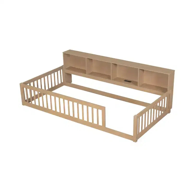 Letto a pavimento in legno Twin XL con armadietti e porte USB, letto a pavimento Montessori per bambini con recinzione