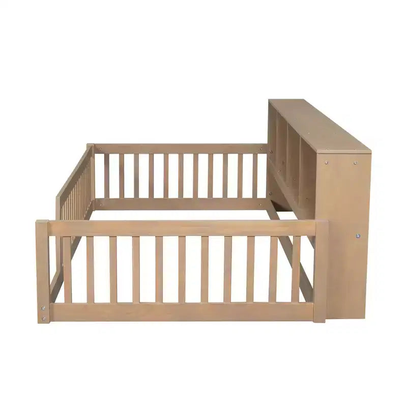 Letto a pavimento in legno Twin XL con armadietti e porte USB, letto a pavimento Montessori per bambini con recinzione