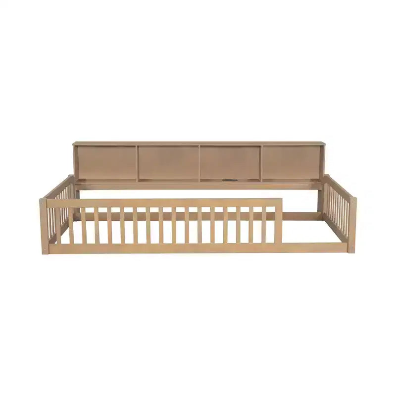 Letto a pavimento in legno Twin XL con armadietti e porte USB, letto a pavimento Montessori per bambini con recinzione