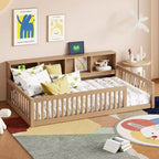 Letto a pavimento in legno Twin XL con armadietti e porte USB, letto a pavimento Montessori per bambini con recinzione