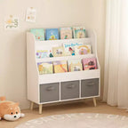 Libreria per bambini con 3 contenitori in tessuto | Espositore per libri frontale | Bianca