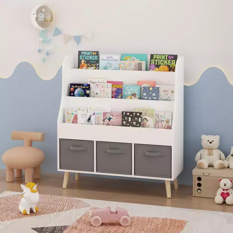 Libreria per bambini con 3 contenitori in tessuto | Espositore per libri frontale | Bianca