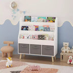 Libreria per bambini con 3 contenitori in tessuto | Espositore per libri frontale | Bianca