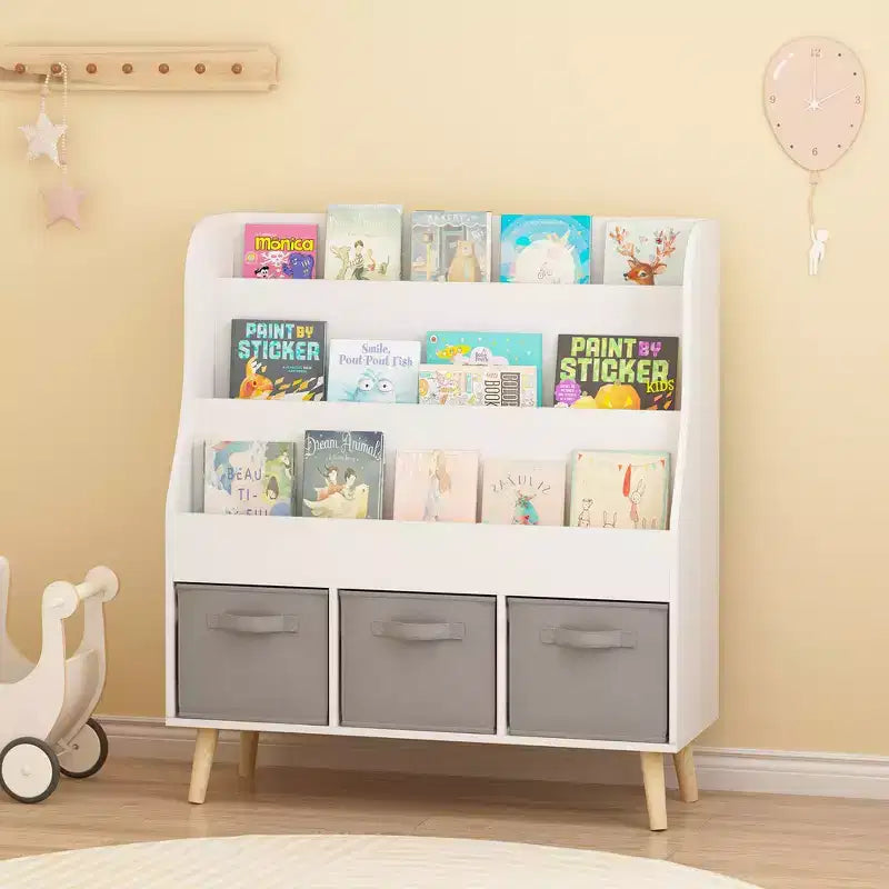 Libreria per bambini con 3 contenitori in tessuto | Espositore per libri frontale | Bianca
