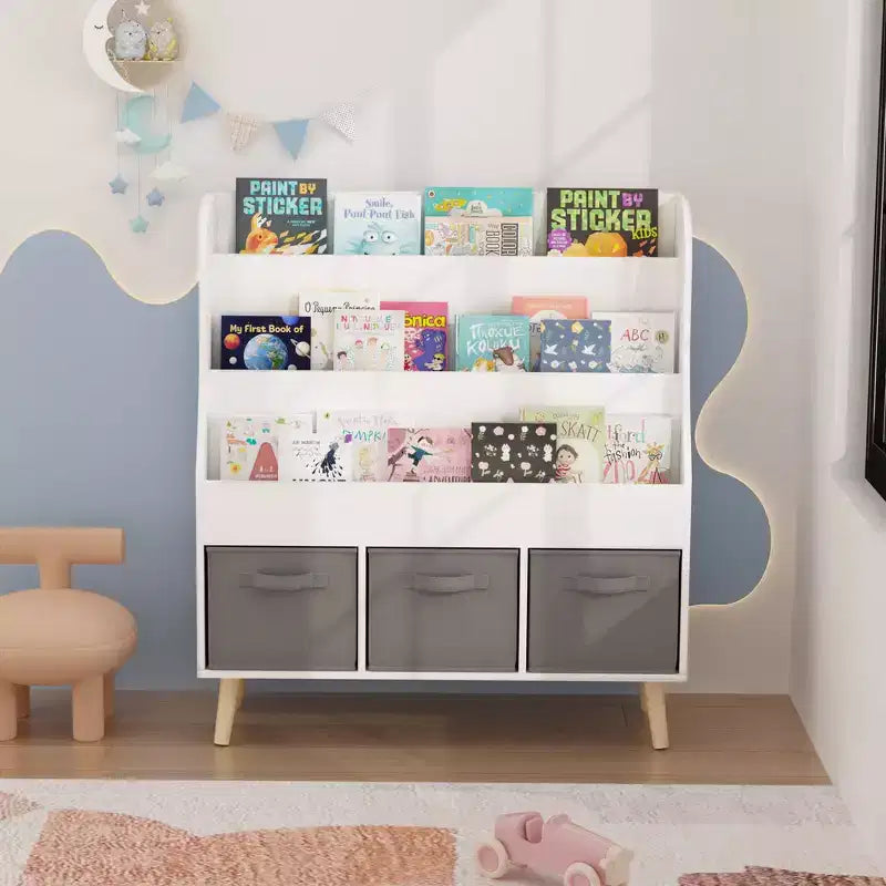 Libreria per bambini con 3 contenitori in tessuto | Espositore per libri frontale | Bianca