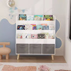 Libreria per bambini con 3 contenitori in tessuto | Espositore per libri frontale | Bianca