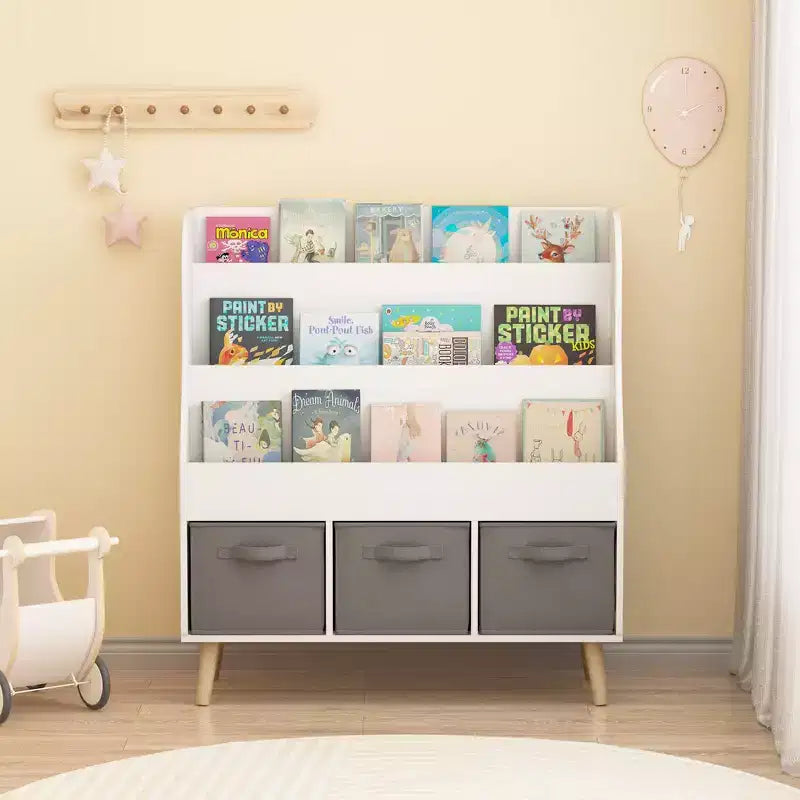 Libreria per bambini con 3 contenitori in tessuto | Espositore per libri frontale | Bianca
