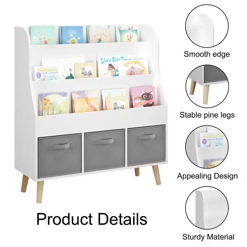 Libreria per bambini con 3 contenitori in tessuto | Espositore per libri frontale | Bianca