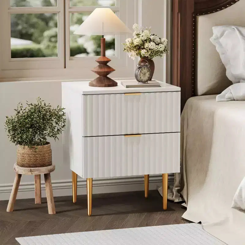 1 Modern Fluted Nightstand with Charging Station & 2 Drawers, Gold & Wood Bedside Table,Small Side Table with USB Ports & Outlets for Bedroom