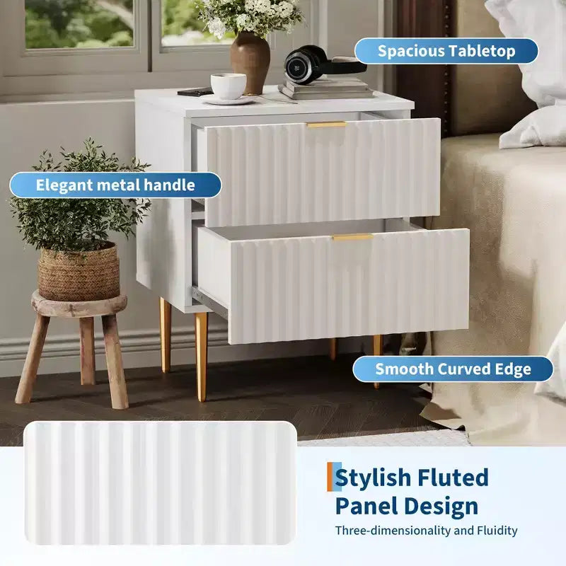 1 comodino moderno scanalato con stazione di ricarica e 2 cassetti, comodino oro e legno, tavolino piccolo con porte USB e prese per la camera da letto