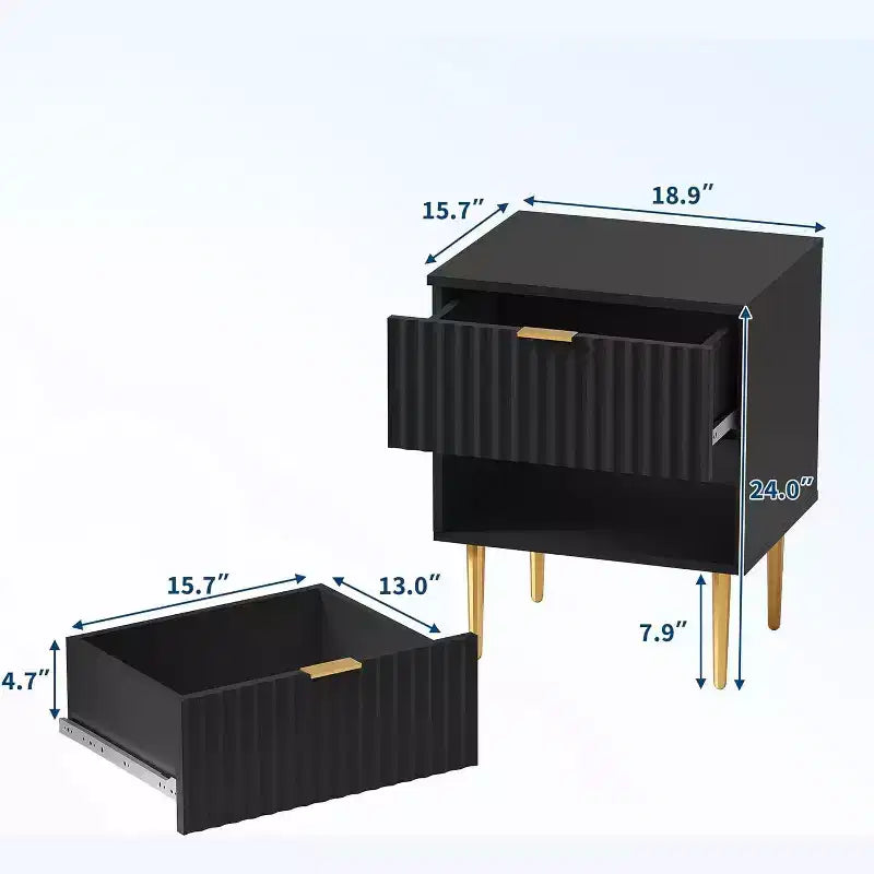 Comodino moderno a coste con stazione di ricarica e 2 cassetti con porte USB e prese, comodino color oro e legno, tavolino piccolo per camera da letto