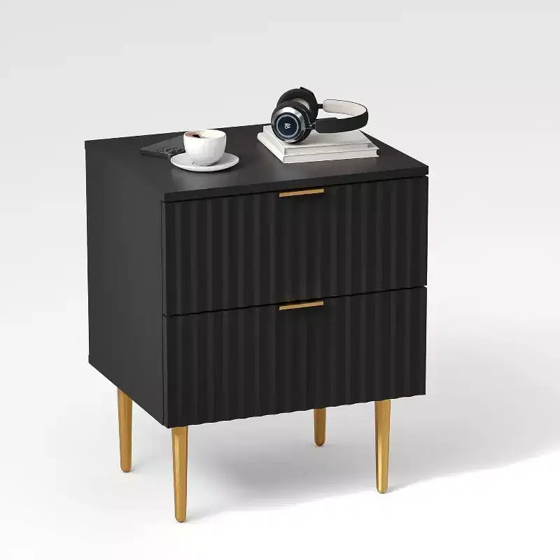 Comodino moderno a coste con stazione di ricarica e 2 cassetti con porte USB e prese, comodino color oro e legno, tavolino piccolo per camera da letto