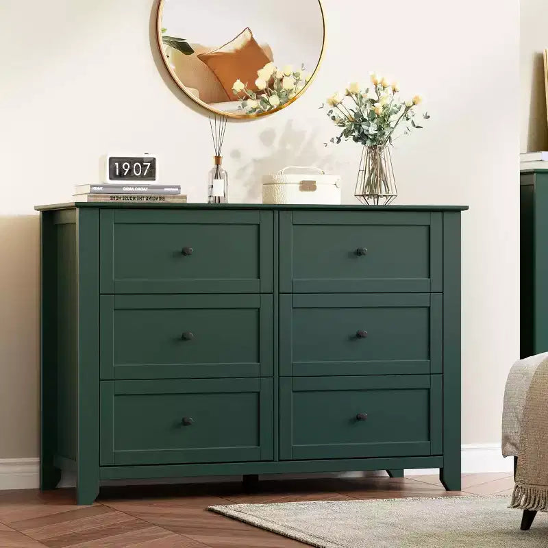 Green 6 Drawer Dresser for Bedroom, Large Dresser with Deep Drawers & Metal Knobs