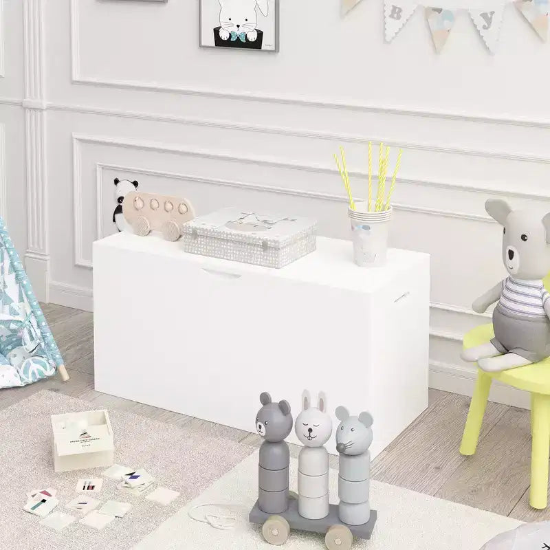 Organizzatore porta giocattoli per bambini con cassetto scorrevole, Baule giocattoli in legno moderno con ruote, Grande contenitore estraibile - Bianco