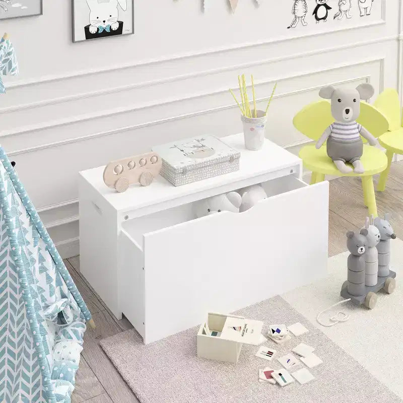 Organizzatore porta giocattoli per bambini con cassetto scorrevole, Baule giocattoli in legno moderno con ruote, Grande contenitore estraibile - Bianco
