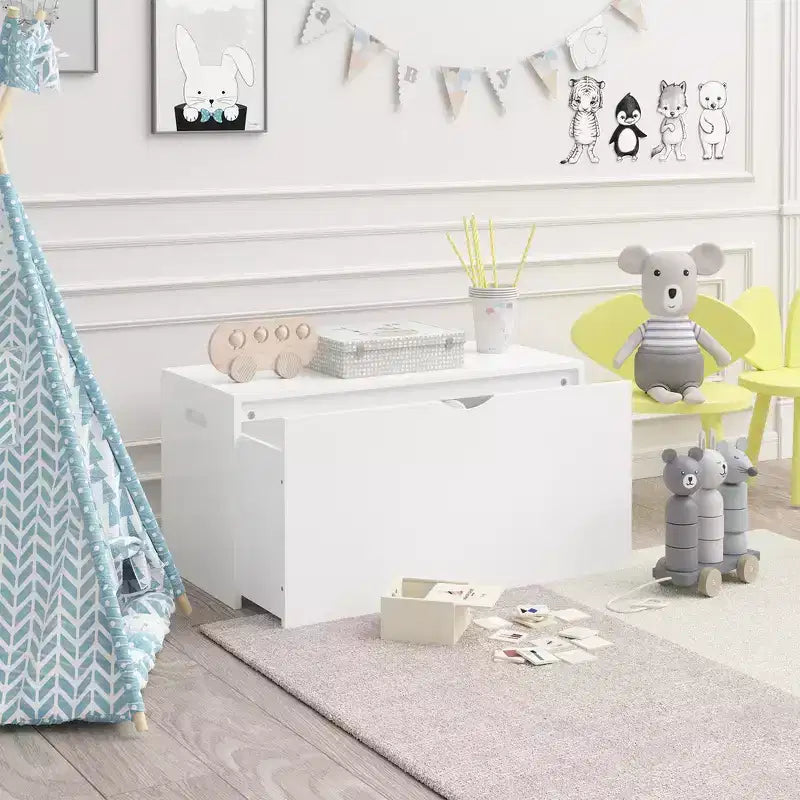 Organizzatore porta giocattoli per bambini con cassetto scorrevole, Baule giocattoli in legno moderno con ruote, Grande contenitore estraibile - Bianco