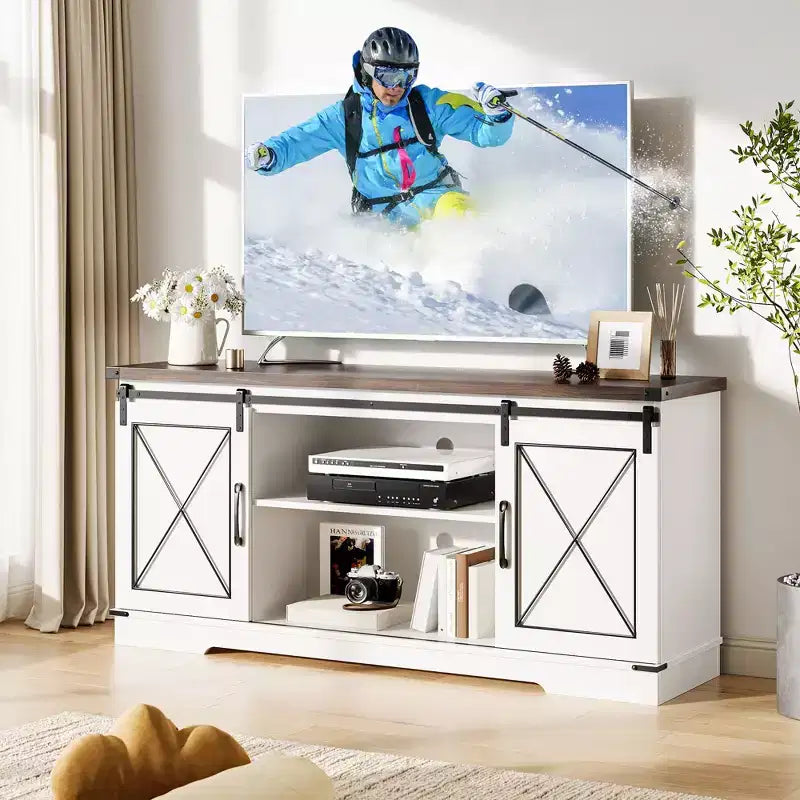 Mobile TV adatto per televisori da 65 pollici, con ante scorrevoli "stile fienile". Mobile contenitore e porta TV per soggiorno.