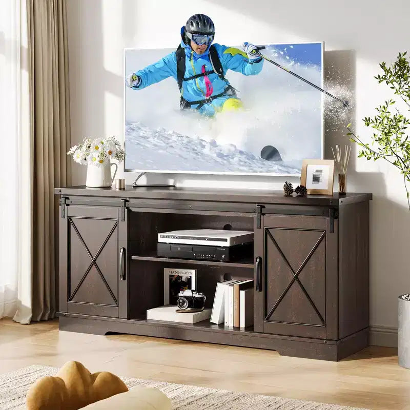 TV console suitable for 65-inch televisions, featuring sliding barn doors. Living room storage combination unit and TV console.