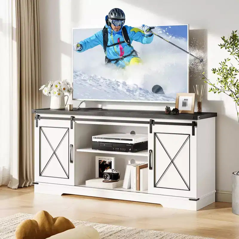Mobile TV adatto per televisori da 65 pollici, con ante scorrevoli "stile fienile". Mobile contenitore e porta TV per soggiorno.