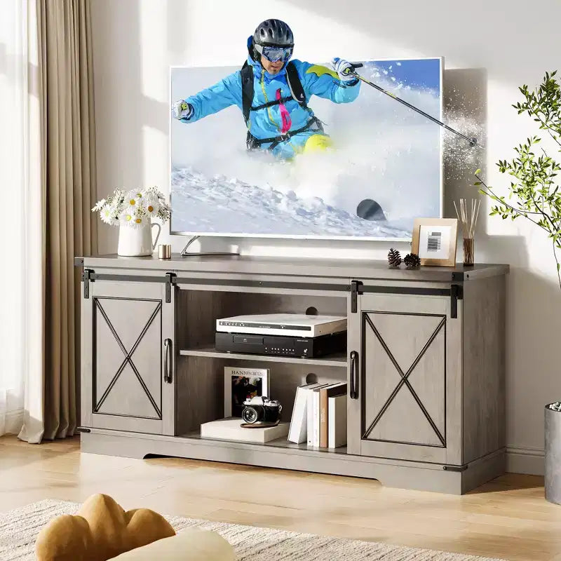Mobile TV adatto per televisori da 65 pollici, con ante scorrevoli "stile fienile". Mobile contenitore e porta TV per soggiorno.