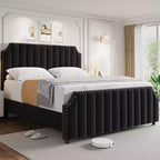 Queen-size platform bed frame, velvet upholstered frame, vertical quilting, adorned with rivets, no spring mattress required, grey.