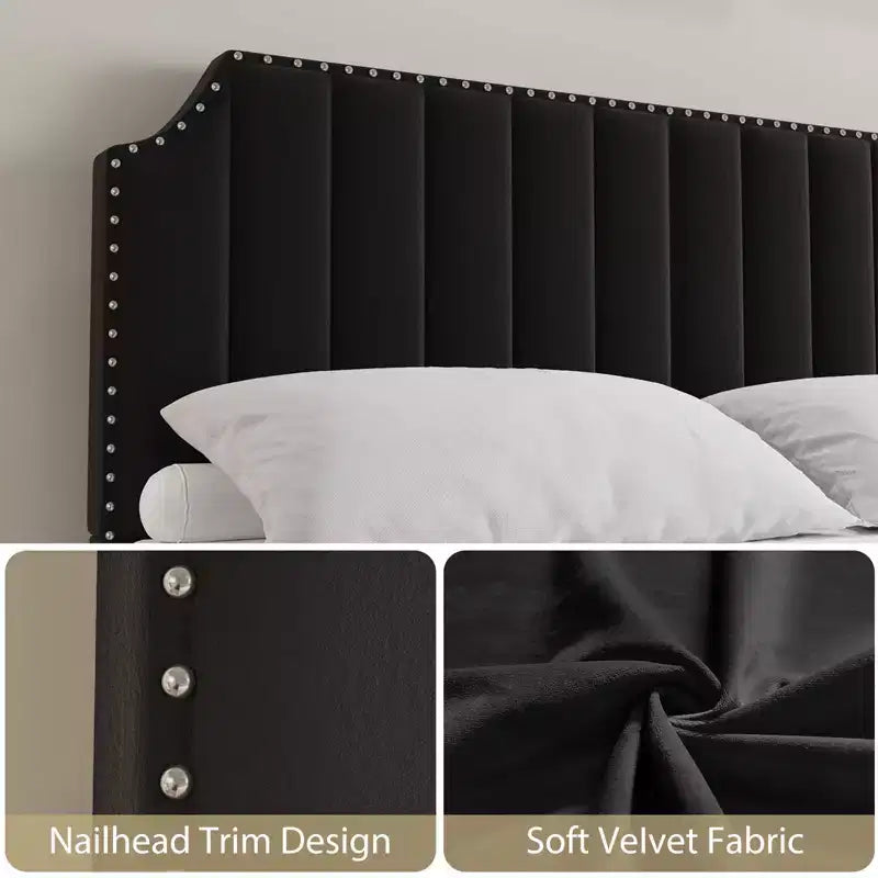 Letto a piattaforma Queen-size, con telaio imbottito in velluto, trapuntatura verticale, impreziosito da rivetti, non richiede materasso a molle, grigio.