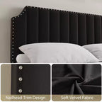 Letto a piattaforma Queen-size, con telaio imbottito in velluto, trapuntatura verticale, impreziosito da rivetti, non richiede materasso a molle, grigio.