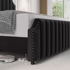 Letto a piattaforma Queen-size, con telaio imbottito in velluto, trapuntatura verticale, impreziosito da rivetti, non richiede materasso a molle, grigio.