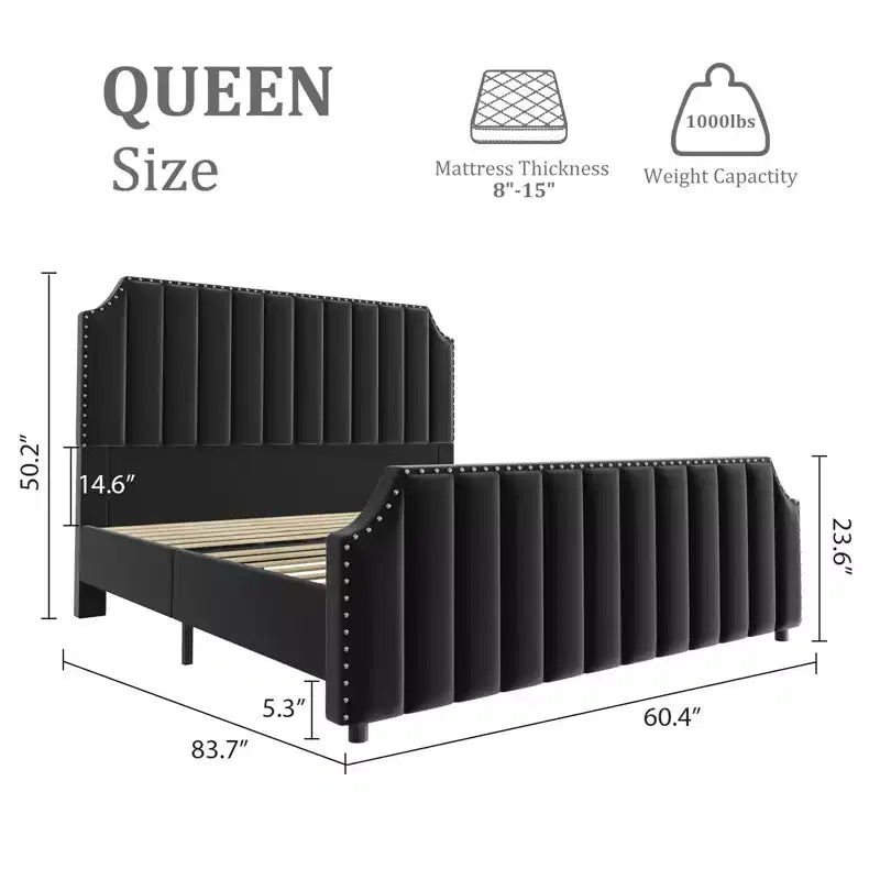 Letto a piattaforma Queen-size, con telaio imbottito in velluto, trapuntatura verticale, impreziosito da rivetti, non richiede materasso a molle, grigio.