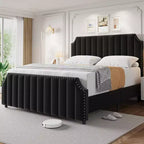Letto a piattaforma Queen-size, con telaio imbottito in velluto, trapuntatura verticale, impreziosito da rivetti, non richiede materasso a molle, grigio.