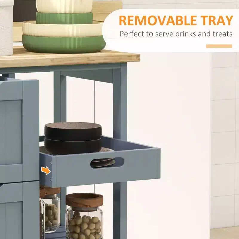 Carrello da Cucina Moderno con Isola e Piano in Legno | 3 Cassetti e 3 Ripiani