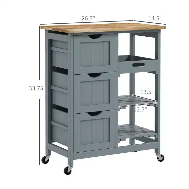 Carrello da Cucina Moderno con Isola e Piano in Legno | 3 Cassetti e 3 Ripiani