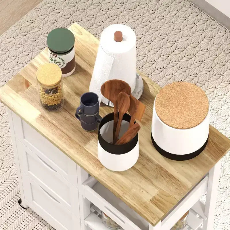 Carrello da Cucina Moderno con Isola e Piano in Legno | 3 Cassetti e 3 Ripiani