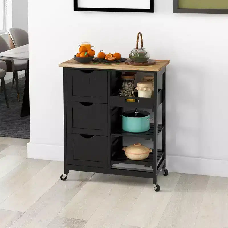 Carrello da Cucina Moderno con Isola e Piano in Legno | 3 Cassetti e 3 Ripiani