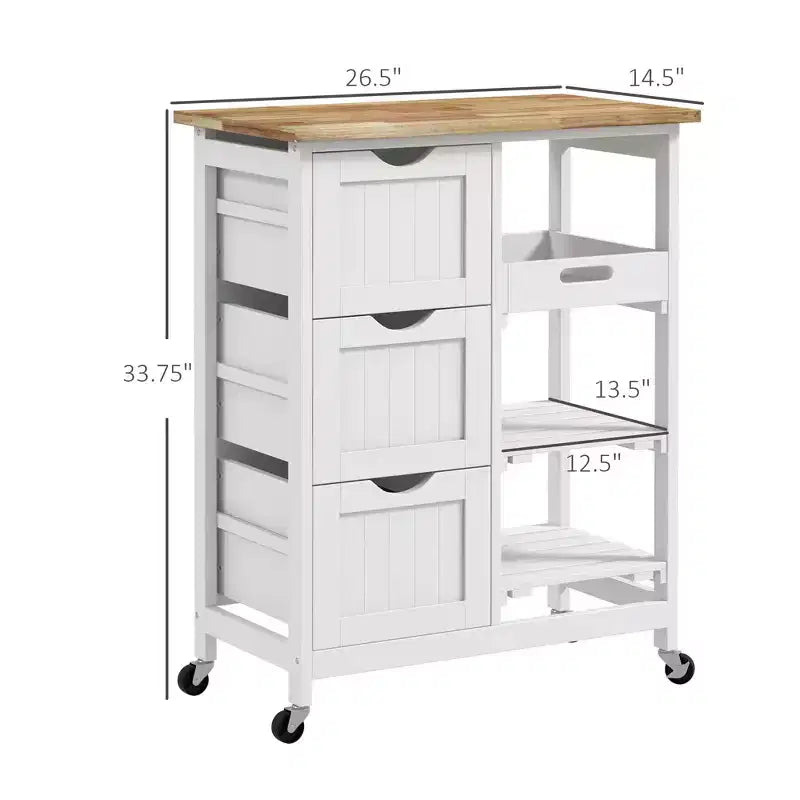 Carrello da Cucina Moderno con Isola e Piano in Legno | 3 Cassetti e 3 Ripiani