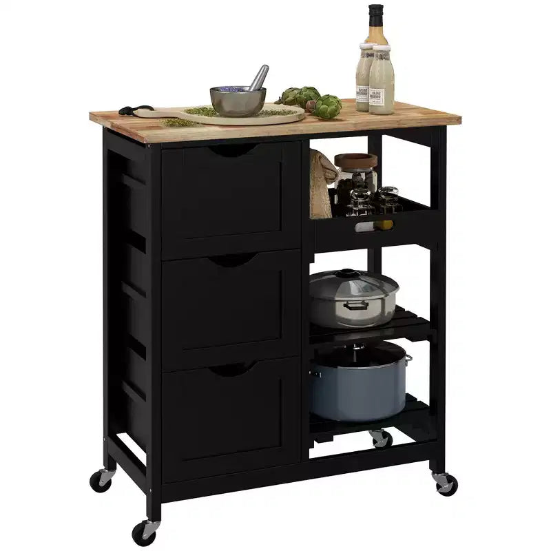 Carrello da Cucina Moderno con Isola e Piano in Legno | 3 Cassetti e 3 Ripiani