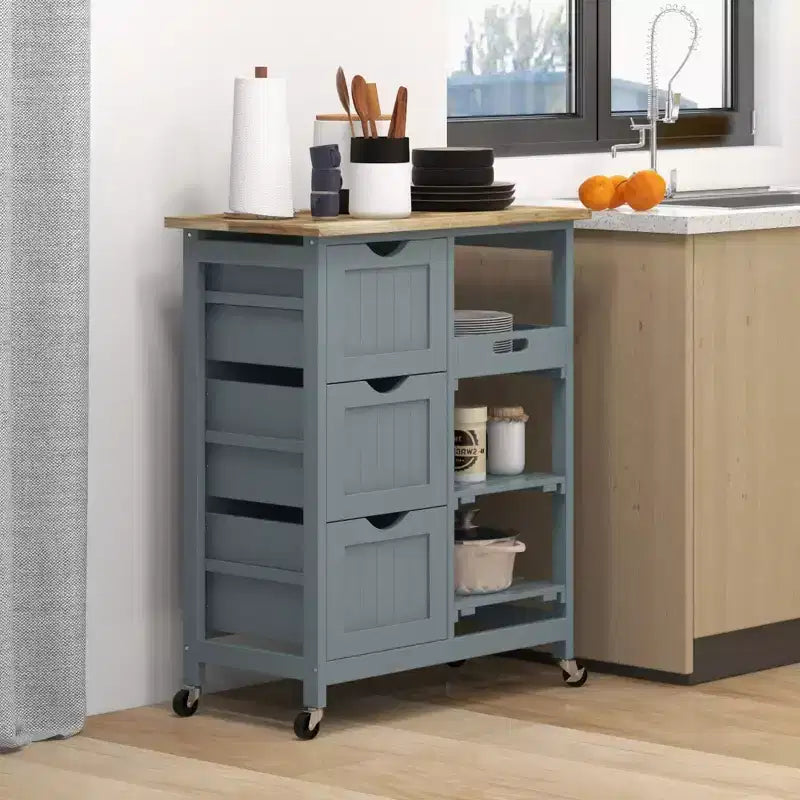 Carrello da Cucina Moderno con Isola e Piano in Legno | 3 Cassetti e 3 Ripiani
