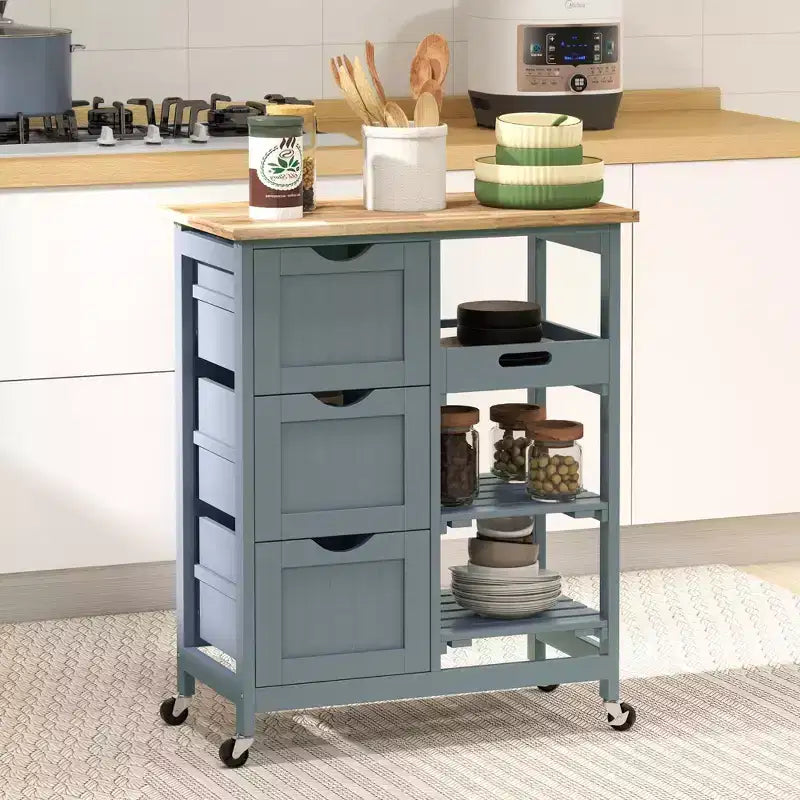 Carrello da Cucina Moderno con Isola e Piano in Legno | 3 Cassetti e 3 Ripiani