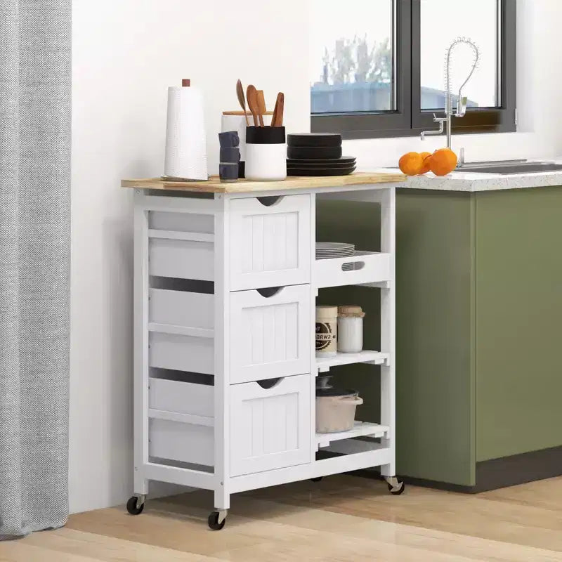 Carrello da Cucina Moderno con Isola e Piano in Legno | 3 Cassetti e 3 Ripiani