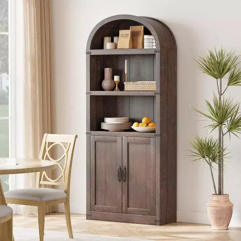 Libreria arcuata a 5 ripiani da 71,65" con protezione angolare in metallo | Scaffale espositivo stile rustico