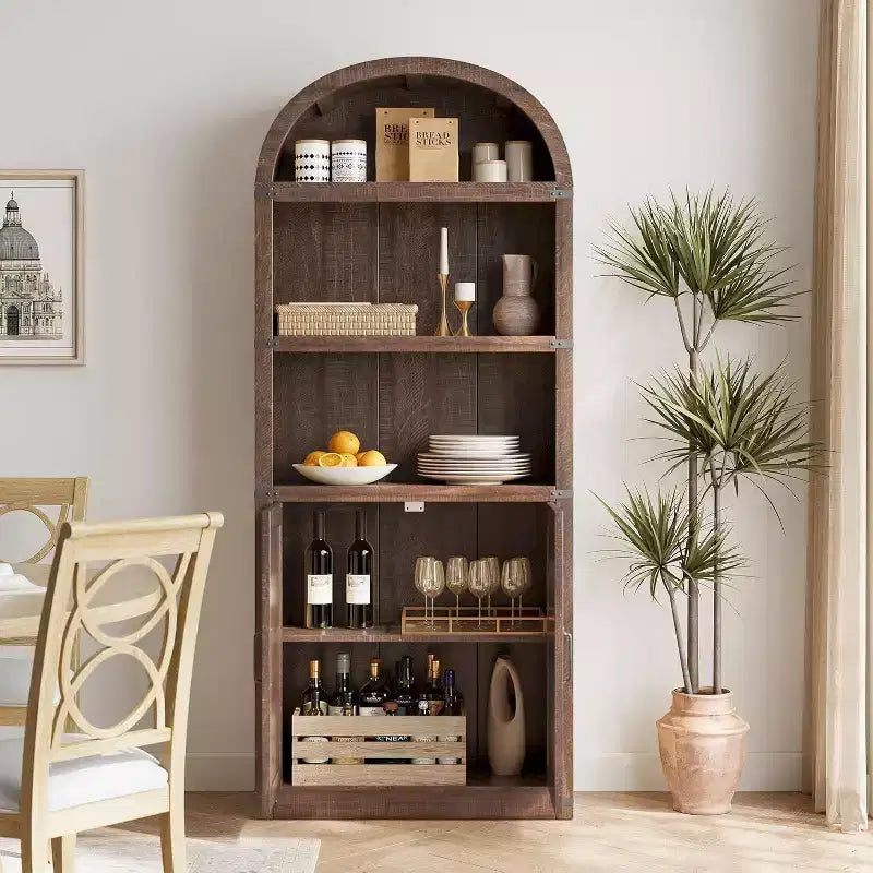 Libreria arcuata a 5 ripiani da 71,65" con protezione angolare in metallo | Scaffale espositivo stile rustico
