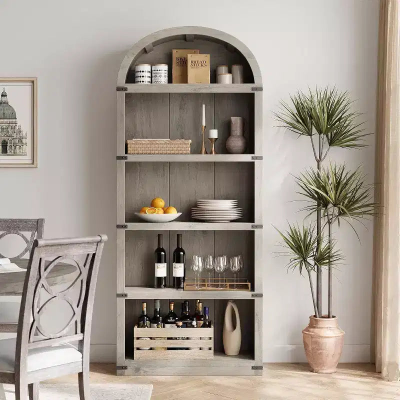 Libreria arcuata a 5 ripiani da 71,65" con protezione angolare in metallo | Scaffale espositivo stile rustico