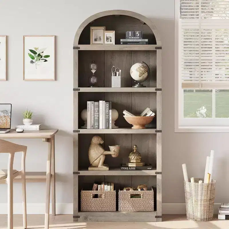 Acekool 5 Shelf Arched Bookcase with Metal Corner Protection, Tall Display Rack for Living Room, Bedroom