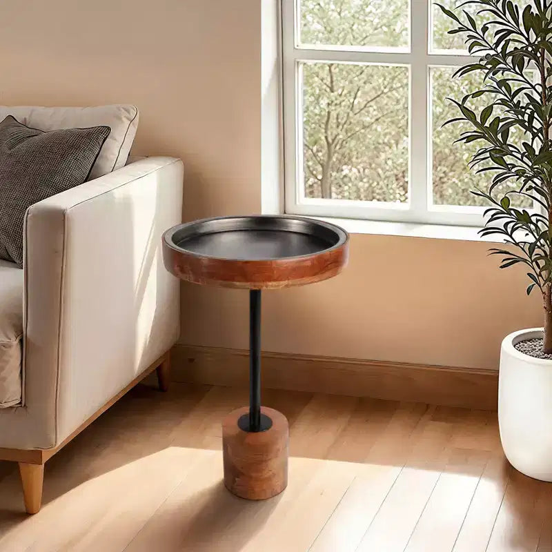 Modern Accent Side Table with Wood Frame and Metal Top - Contemporary Round Accent Design Blends Warmth and Style for Home Decor - Brown